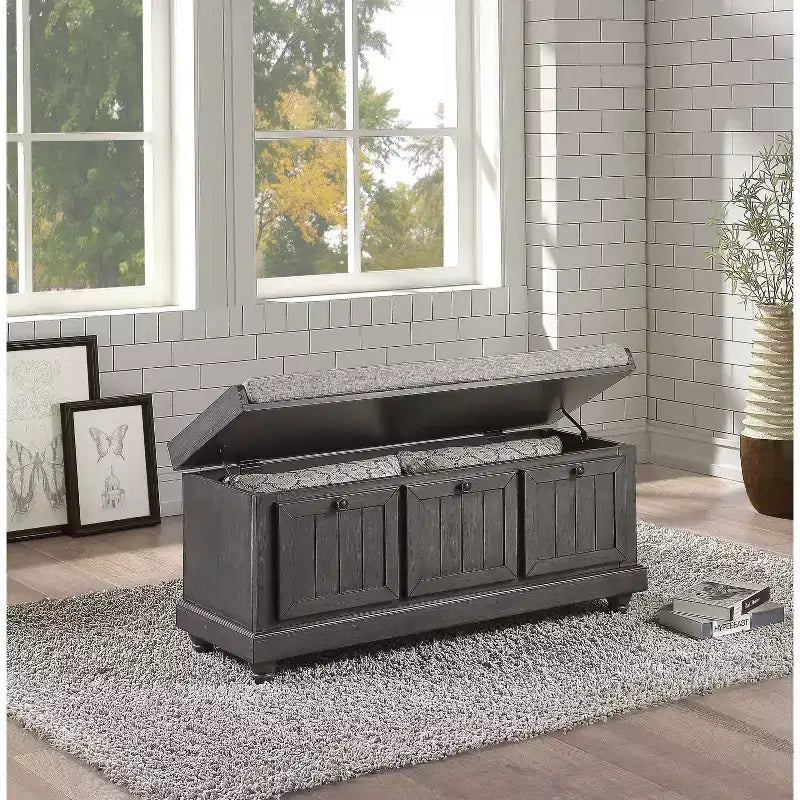 Banc Ottoman Okak Rétro avec Siège Rembourré Relevable et Rangement, Banc de Rangement en Bois Massif pour Chambre, Entrée