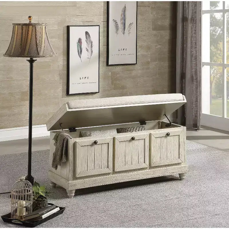 Banc Ottoman Okak Rétro avec Siège Rembourré Relevable et Rangement, Banc de Rangement en Bois Massif pour Chambre, Entrée