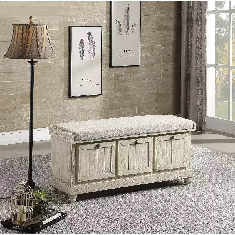 Banc Ottoman Okak Rétro avec Siège Rembourré Relevable et Rangement, Banc de Rangement en Bois Massif pour Chambre, Entrée