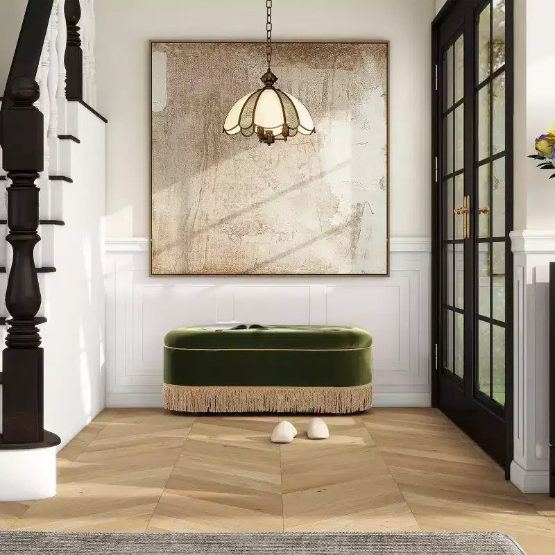 Banc de rangement ottoman ovale Okak Vintage avec couvercle relevable, revêtement en velours capitonné et franges, pour chambre à coucher ou entrée