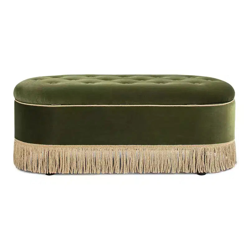 Banc de rangement ottoman ovale Okak Vintage avec couvercle relevable, revêtement en velours capitonné et franges, pour chambre à coucher ou entrée