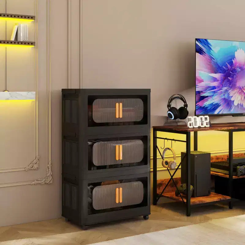 MAYEERTY Meuble de rangement pliant en plastique à 3 niveaux avec portes magnétiques et roulettes, organisateur de placard et conteneur de rangement noir pour petits espaces