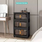 MAYEERTY Meuble de rangement pliant en plastique à 3 niveaux avec portes magnétiques et roulettes, organisateur de placard et conteneur de rangement noir pour petits espaces