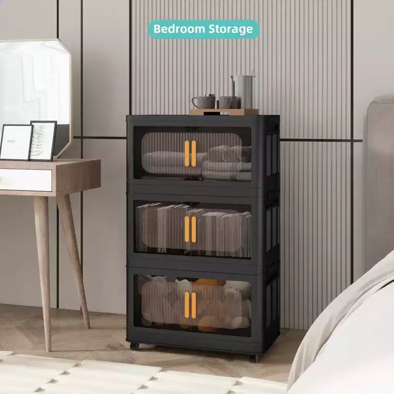 MAYEERTY Meuble de rangement pliant en plastique à 3 niveaux avec portes magnétiques et roulettes, organisateur de placard et conteneur de rangement noir pour petits espaces