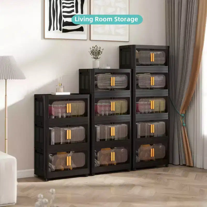 MAYEERTY Meuble de rangement pliant en plastique à 3 niveaux avec portes magnétiques et roulettes, organisateur de placard et conteneur de rangement noir pour petits espaces