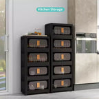 MAYEERTY Meuble de rangement pliant en plastique à 3 niveaux avec portes magnétiques et roulettes, organisateur de placard et conteneur de rangement noir pour petits espaces