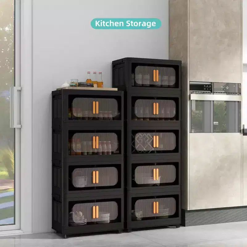 MAYEERTY Meuble de rangement pliant en plastique à 3 niveaux avec portes magnétiques et roulettes, organisateur de placard et conteneur de rangement noir pour petits espaces