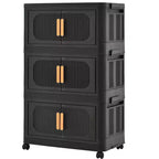 MAYEERTY Meuble de rangement pliant en plastique à 3 niveaux avec portes magnétiques et roulettes, organisateur de placard et conteneur de rangement noir pour petits espaces