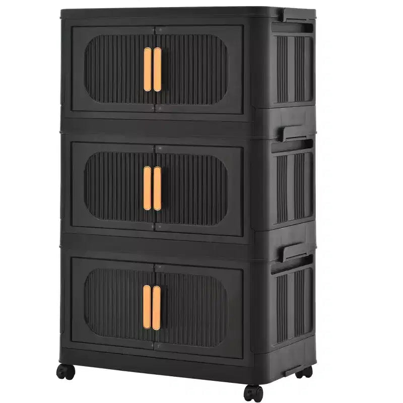 MAYEERTY Meuble de rangement pliant en plastique à 3 niveaux avec portes magnétiques et roulettes, organisateur de placard et conteneur de rangement noir pour petits espaces