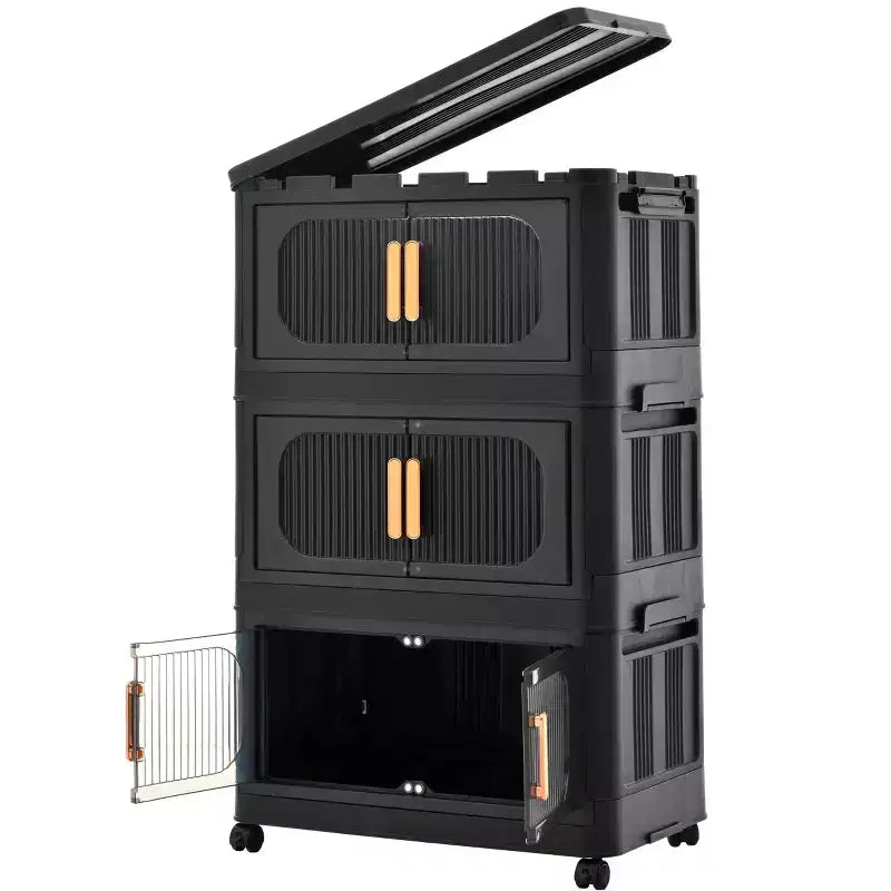 MAYEERTY Meuble de rangement pliant en plastique à 3 niveaux avec portes magnétiques et roulettes, organisateur de placard et conteneur de rangement noir pour petits espaces