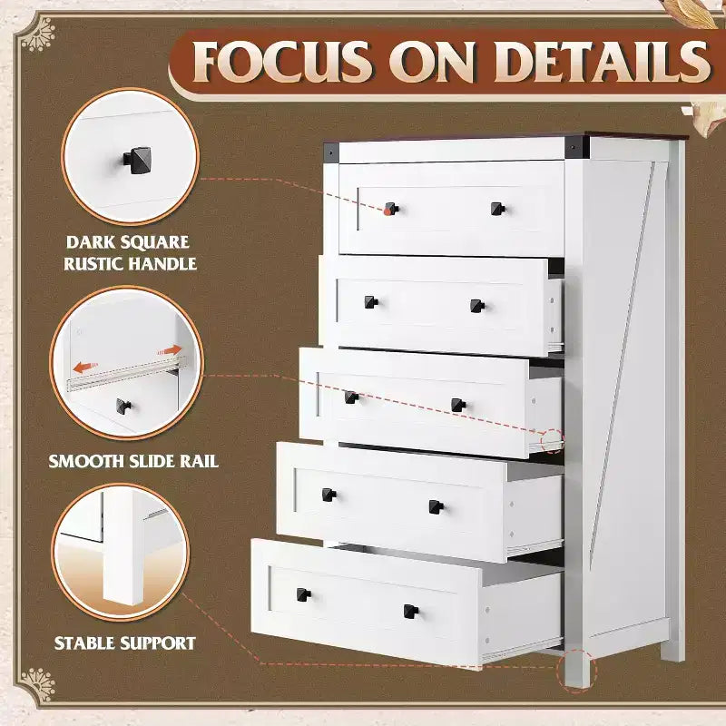 Commode de ferme à 5 tiroirs GALAXHERO, organisateur de rangement haut en bois pour chambre à coucher, commode à tiroirs avec poignées rustiques pour salon, couloir
