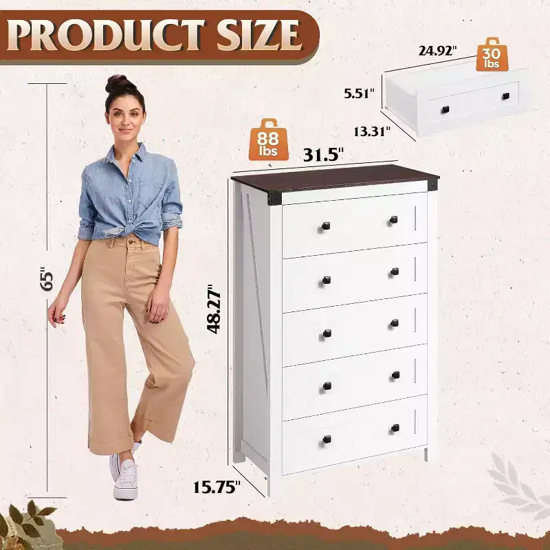 Commode de ferme à 5 tiroirs GALAXHERO, organisateur de rangement haut en bois pour chambre à coucher, commode à tiroirs avec poignées rustiques pour salon, couloir