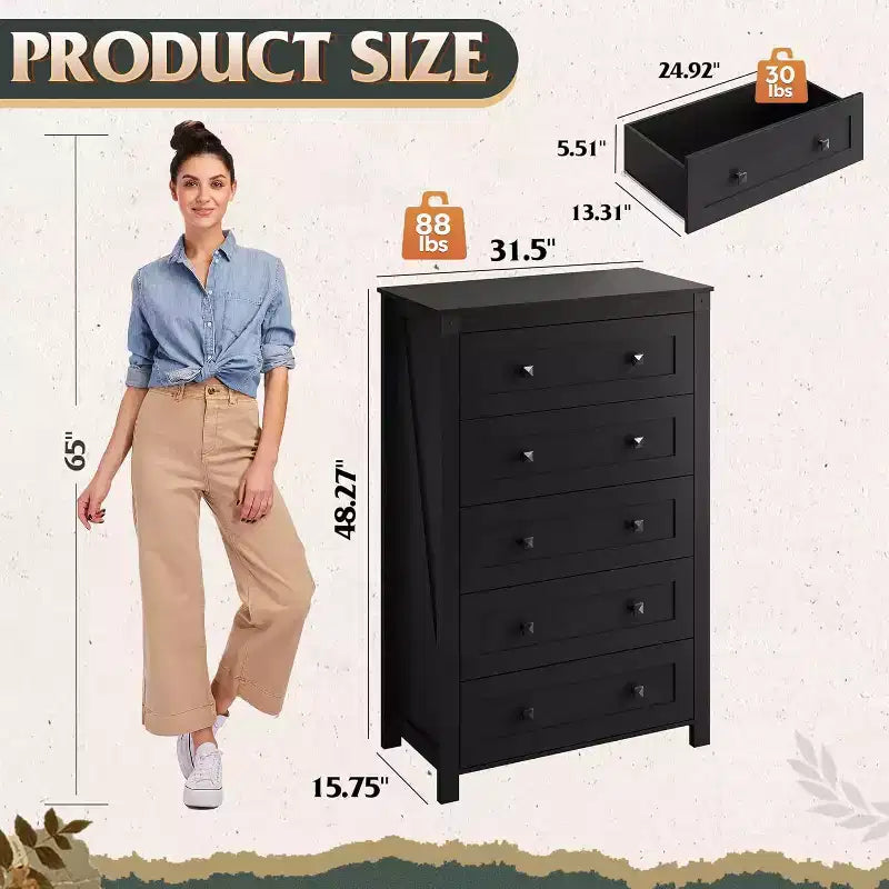 Commode de ferme à 5 tiroirs GALAXHERO, organisateur de rangement haut en bois pour chambre à coucher, commode à tiroirs avec poignées rustiques pour salon, couloir