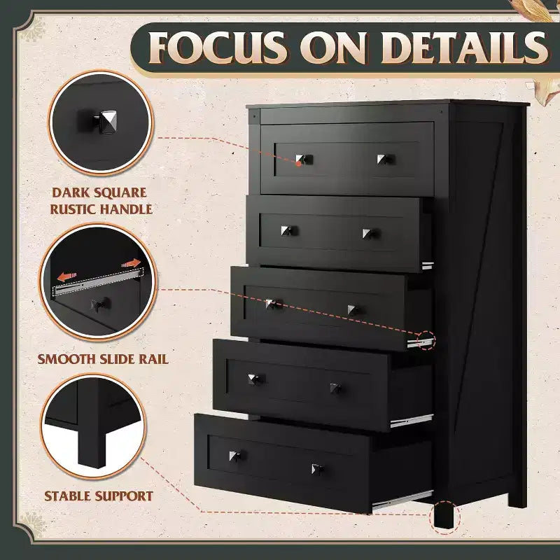 Commode de ferme à 5 tiroirs GALAXHERO, organisateur de rangement haut en bois pour chambre à coucher, commode à tiroirs avec poignées rustiques pour salon, couloir