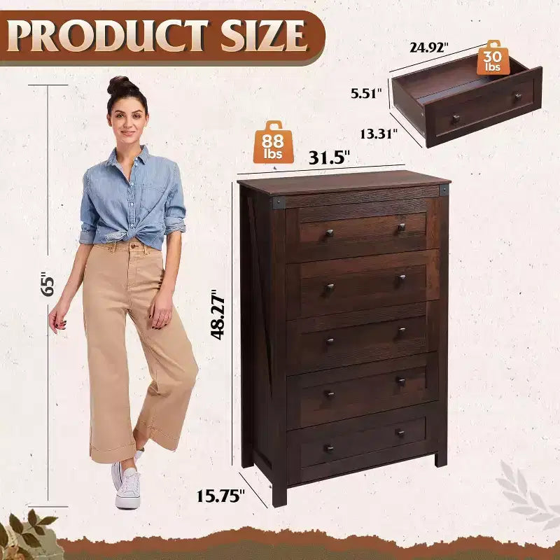 Commode de ferme à 5 tiroirs GALAXHERO, organisateur de rangement haut en bois pour chambre à coucher, commode à tiroirs avec poignées rustiques pour salon, couloir