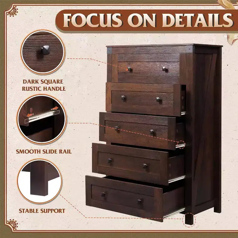 Commode de ferme à 5 tiroirs GALAXHERO, organisateur de rangement haut en bois pour chambre à coucher, commode à tiroirs avec poignées rustiques pour salon, couloir