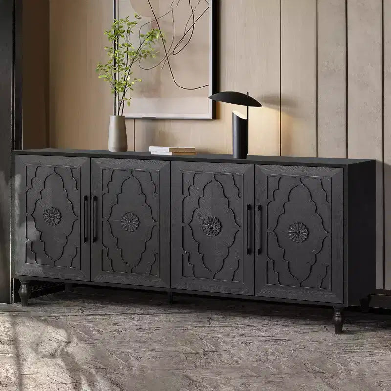 Meuble de rangement GDFStudio Mid Century Modern 62.99'' avec portes sculptées motif floral et étagères réglables