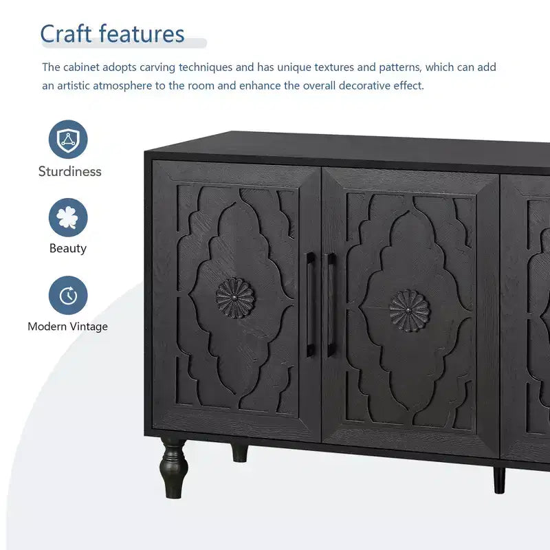 Meuble de rangement GDFStudio Mid Century Modern 62.99'' avec portes sculptées motif floral et étagères réglables