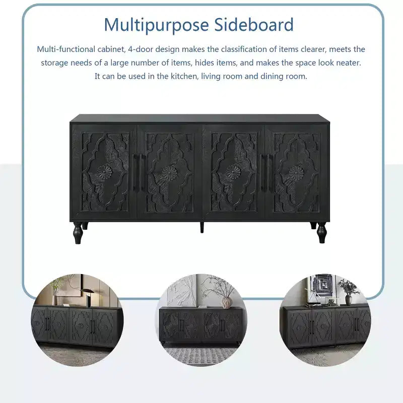 Meuble de rangement GDFStudio Mid Century Modern 62.99'' avec portes sculptées motif floral et étagères réglables