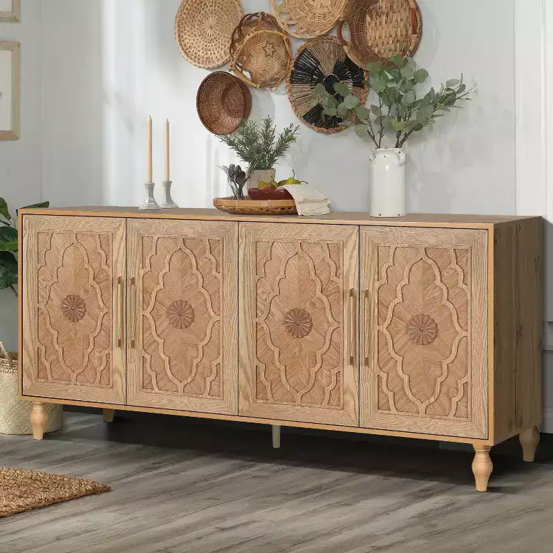 Meuble de rangement GDFStudio Mid Century Modern 62.99'' avec portes sculptées motif floral et étagères réglables