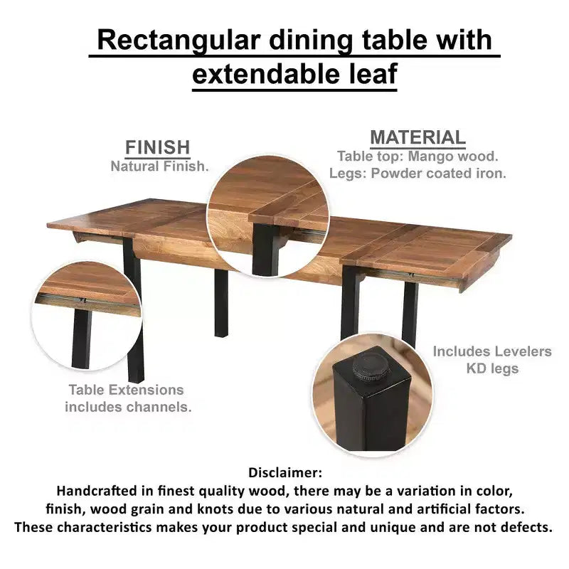 Table à manger rectangulaire extensible Royal Hampton de 210 cm, plateau en manguier sculpté main avec pieds en fer