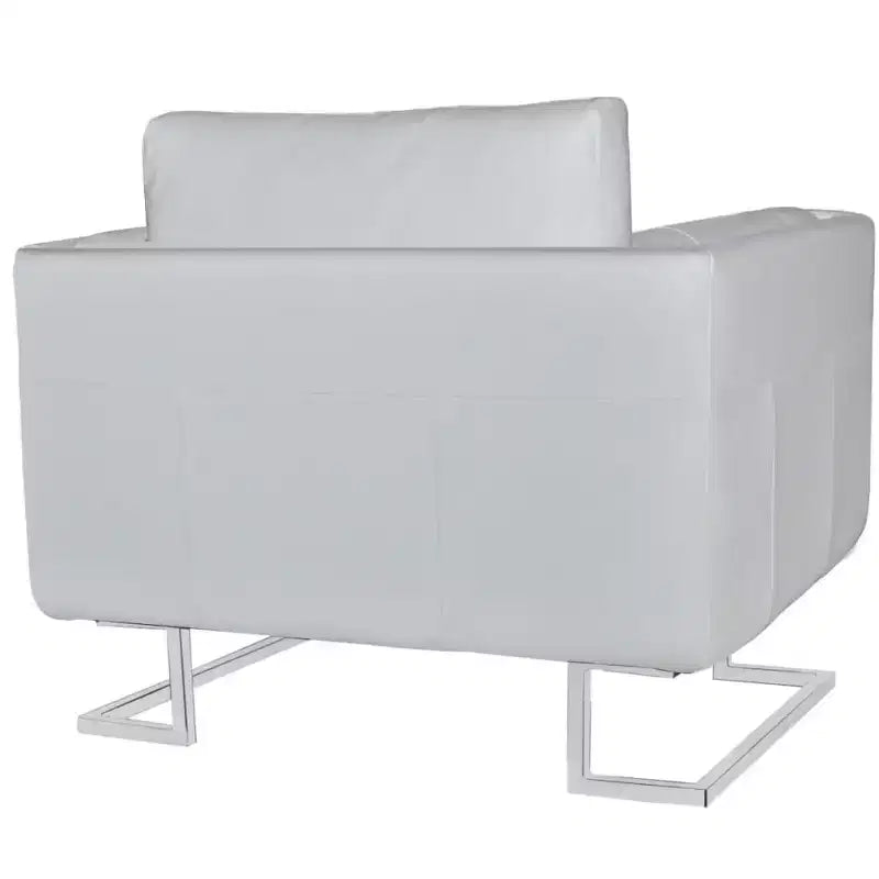 vidaXL Fauteuil cube scandinave-moderne, revêtement cuir blanc, cadre en bois massif avec pieds chromés - Blanc