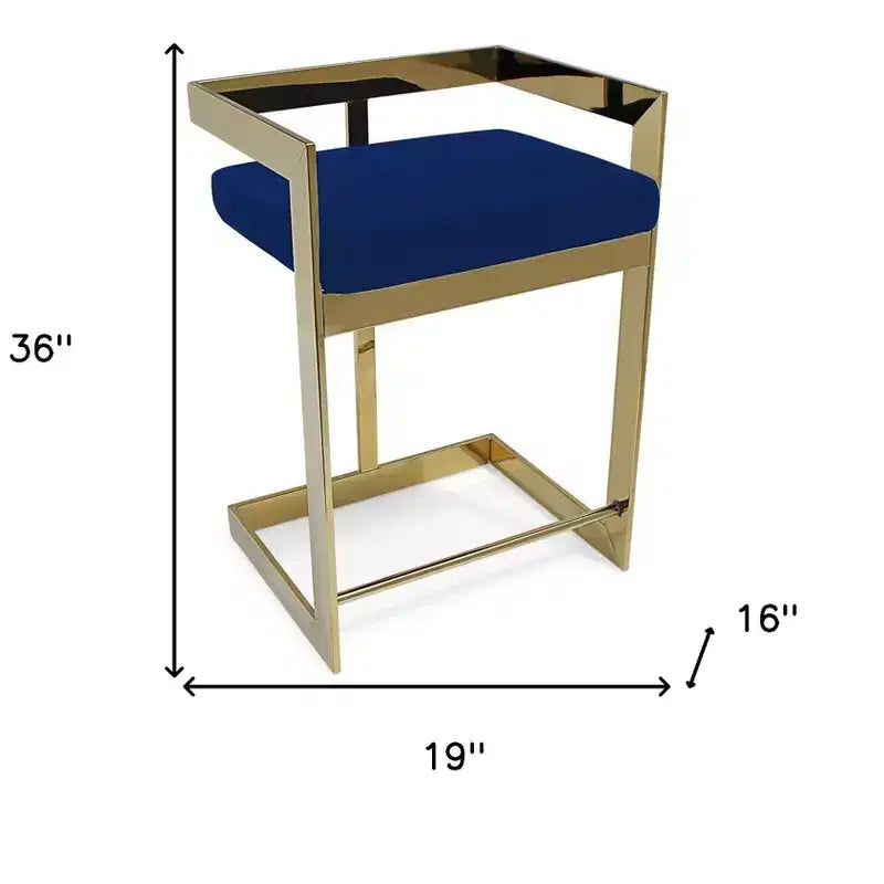 Chaise de bar HomeRoots 26, hauteur comptoir, dossier bas, en métal et velours, bleue et dorée