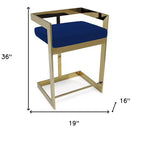 Chaise de bar HomeRoots 26, hauteur comptoir, dossier bas, en métal et velours, bleue et dorée