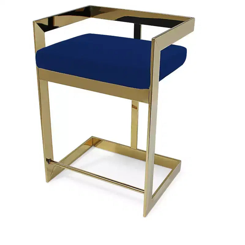 Chaise de bar HomeRoots 26, hauteur comptoir, dossier bas, en métal et velours, bleue et dorée