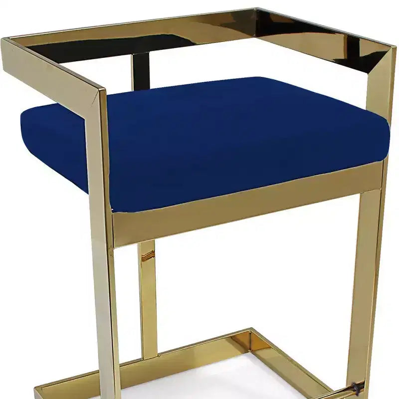 Chaise de bar HomeRoots 26, hauteur comptoir, dossier bas, en métal et velours, bleue et dorée