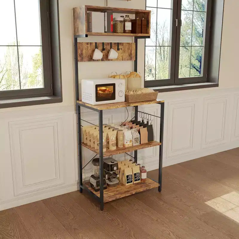 Étagère de boulanger Gustomonde avec prise de courant, petit chariot de bar à café, support de micro-ondes avec 10 crochets, étagère de rangement de cuisine à 4 niveaux