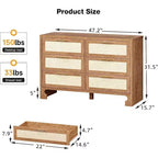 Commode 6 tiroirs en rotin et chêne avec poignées dorées et 5 pieds robustes, style ferme pour chambre à coucher, salon et entrée
