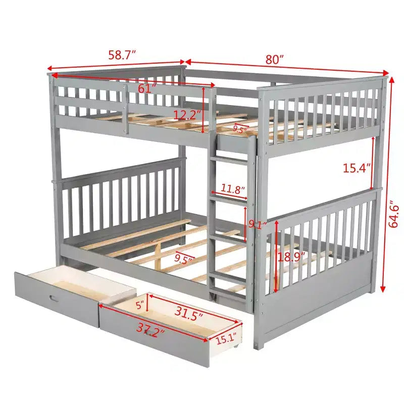 Lit superposé Okak complet sur complet avec échelle, 2 tiroirs et garde-corps de sécurité, lits superposés en bois massif pour enfants, filles, garçons, facile à assembler