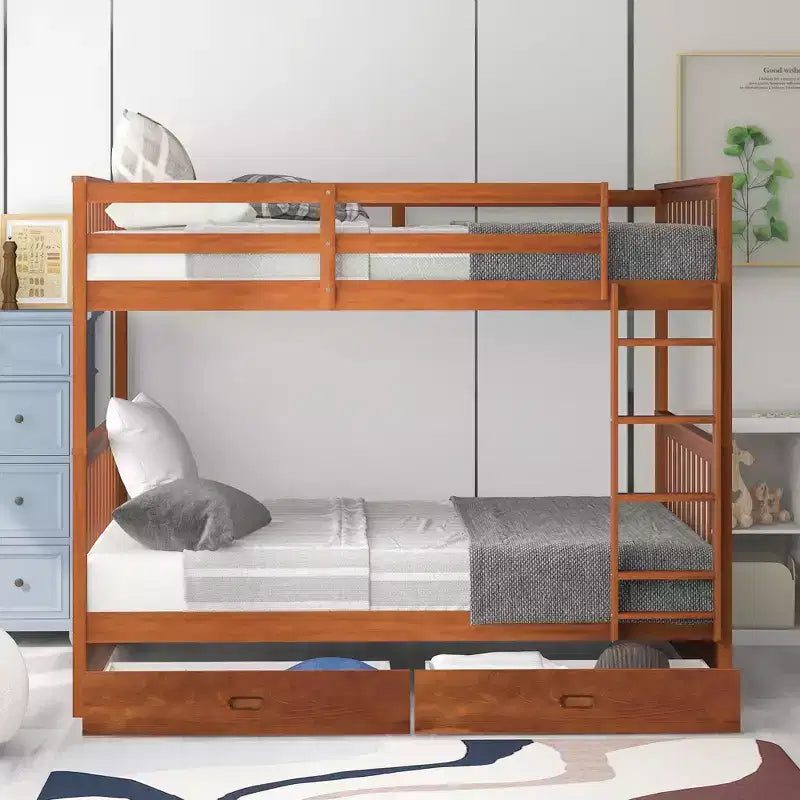 Lit superposé Okak complet sur complet avec échelle, 2 tiroirs et garde-corps de sécurité, lits superposés en bois massif pour enfants, filles, garçons, facile à assembler