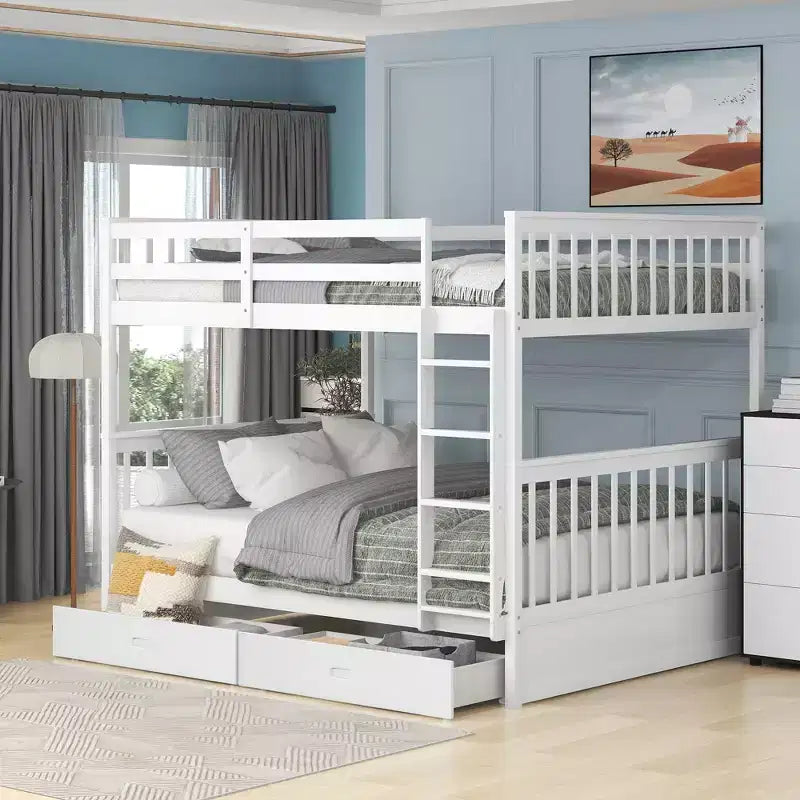 Lit superposé Okak complet sur complet avec échelle, 2 tiroirs et garde-corps de sécurité, lits superposés en bois massif pour enfants, filles, garçons, facile à assembler