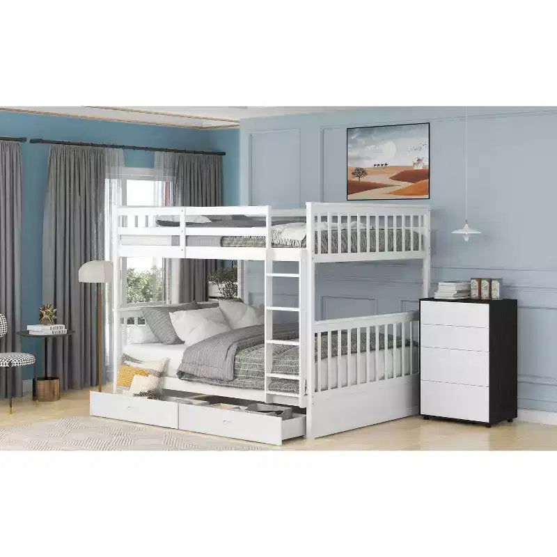 Lit superposé Okak complet sur complet avec échelle, 2 tiroirs et garde-corps de sécurité, lits superposés en bois massif pour enfants, filles, garçons, facile à assembler