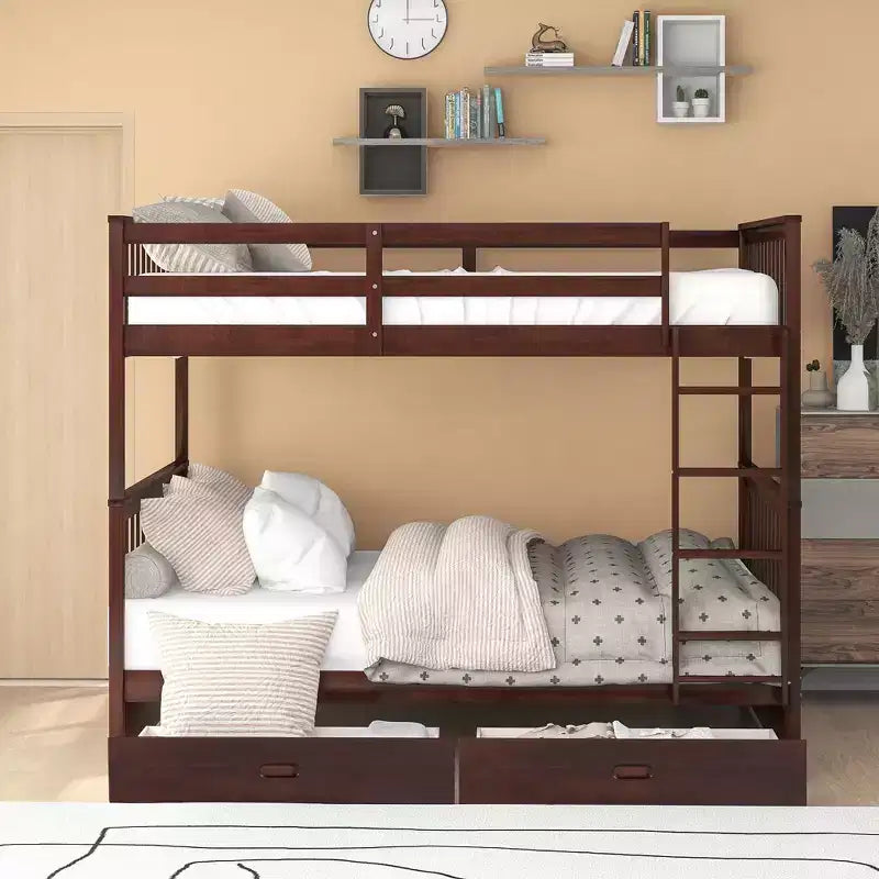Lit superposé Okak complet sur complet avec échelle, 2 tiroirs et garde-corps de sécurité, lits superposés en bois massif pour enfants, filles, garçons, facile à assembler