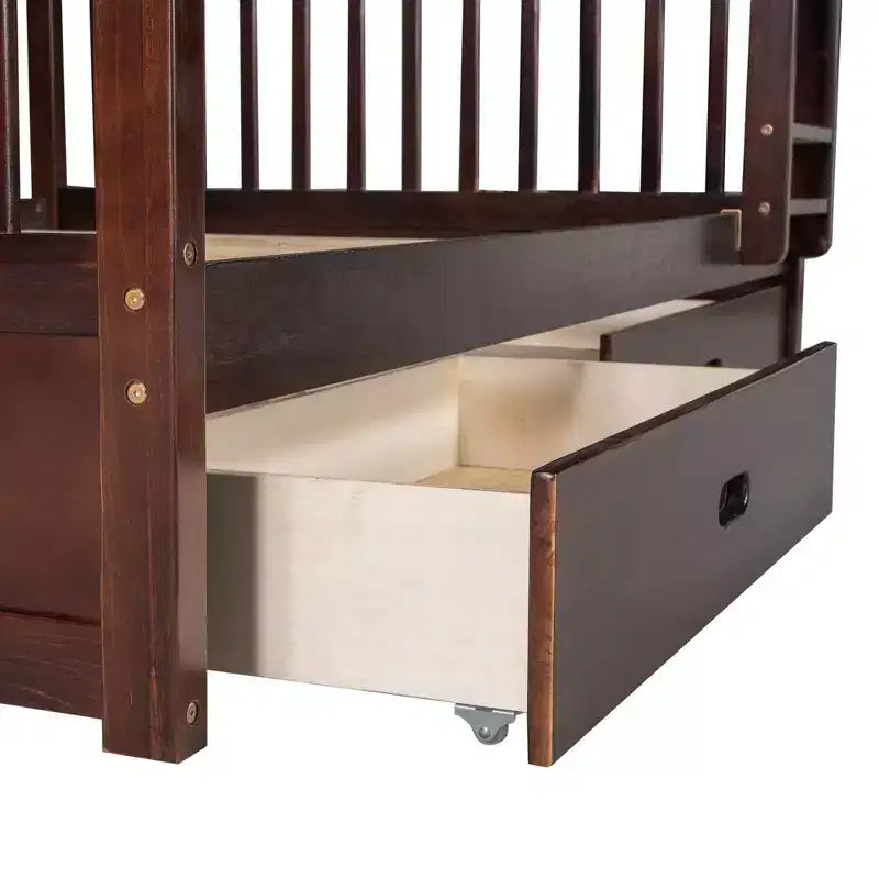 Lit superposé Okak complet sur complet avec échelle, 2 tiroirs et garde-corps de sécurité, lits superposés en bois massif pour enfants, filles, garçons, facile à assembler