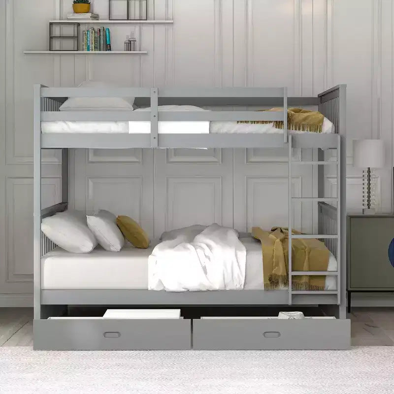 Lit superposé Okak complet sur complet avec échelle, 2 tiroirs et garde-corps de sécurité, lits superposés en bois massif pour enfants, filles, garçons, facile à assembler