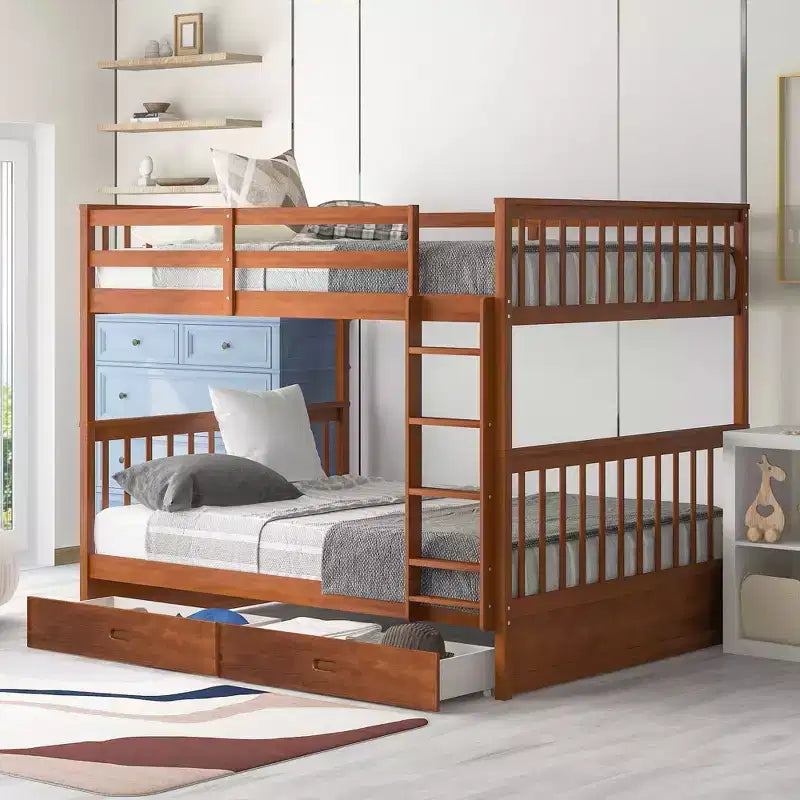 Lit superposé Okak complet sur complet avec échelle, 2 tiroirs et garde-corps de sécurité, lits superposés en bois massif pour enfants, filles, garçons, facile à assembler