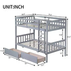 Okak Lit superposé jumeau sur jumeau en bois d'hévéa avec tiroirs Lit superposé mezzanine avec échelle et garde-corps de sécurité pour adolescents, convertible en 2 lits jumeaux