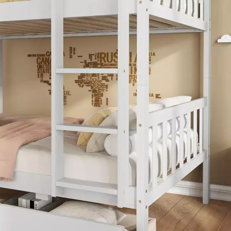 Okak Lit superposé jumeau sur jumeau en bois d'hévéa avec tiroirs Lit superposé mezzanine avec échelle et garde-corps de sécurité pour adolescents, convertible en 2 lits jumeaux