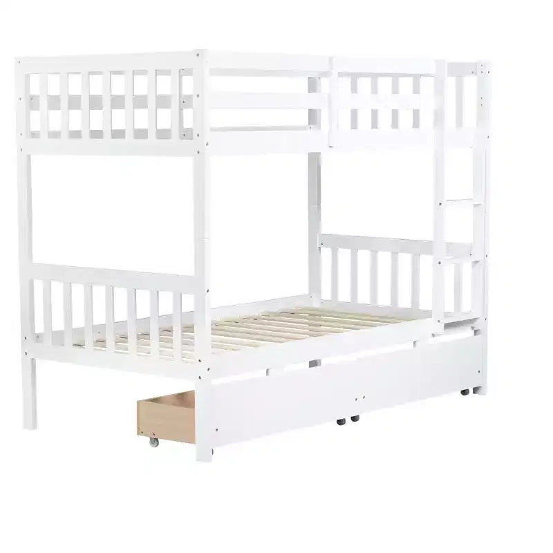 Okak Lit superposé jumeau sur jumeau en bois d'hévéa avec tiroirs Lit superposé mezzanine avec échelle et garde-corps de sécurité pour adolescents, convertible en 2 lits jumeaux