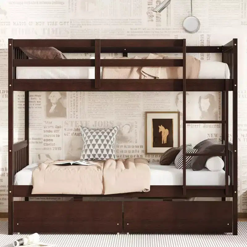 Okak Lit superposé jumeau sur jumeau en bois d'hévéa avec tiroirs Lit superposé mezzanine avec échelle et garde-corps de sécurité pour adolescents, convertible en 2 lits jumeaux