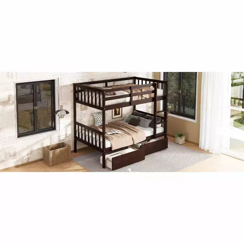 Okak Lit superposé jumeau sur jumeau en bois d'hévéa avec tiroirs Lit superposé mezzanine avec échelle et garde-corps de sécurité pour adolescents, convertible en 2 lits jumeaux