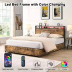 Cadre de lit plateforme Okak Full/Queen/King avec tête de lit de rangement, lit avec station de recharge lumineuse LED, pas besoin de sommier tapissier, lattes métalliques silencieuses