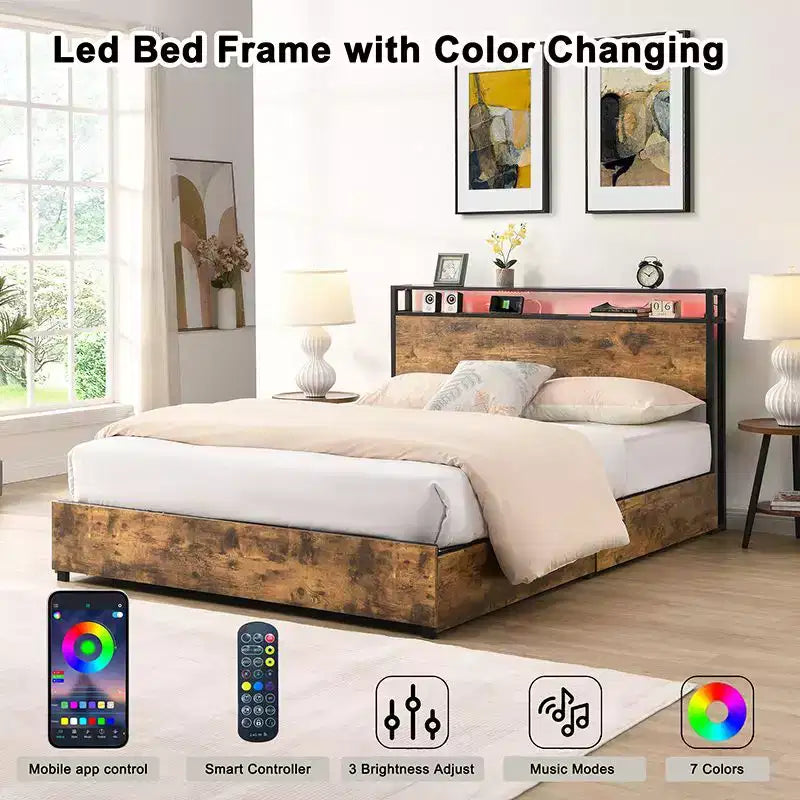 Cadre de lit plateforme Okak Full/Queen/King avec tête de lit de rangement, lit avec station de recharge lumineuse LED, pas besoin de sommier tapissier, lattes métalliques silencieuses