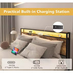 Cadre de lit plateforme Okak Full/Queen/King avec tête de lit de rangement, lit avec station de recharge lumineuse LED, pas besoin de sommier tapissier, lattes métalliques silencieuses