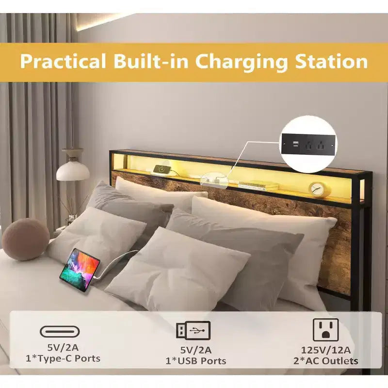 Cadre de lit plateforme Okak Full/Queen/King avec tête de lit de rangement, lit avec station de recharge lumineuse LED, pas besoin de sommier tapissier, lattes métalliques silencieuses