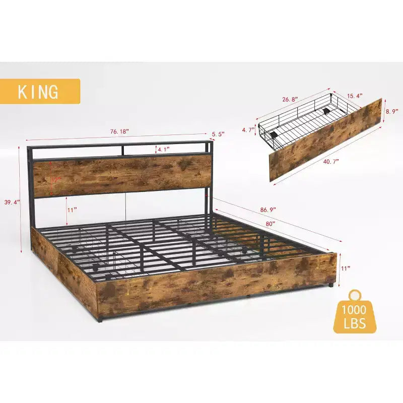 Cadre de lit plateforme Okak Full/Queen/King avec tête de lit de rangement, lit avec station de recharge lumineuse LED, pas besoin de sommier tapissier, lattes métalliques silencieuses